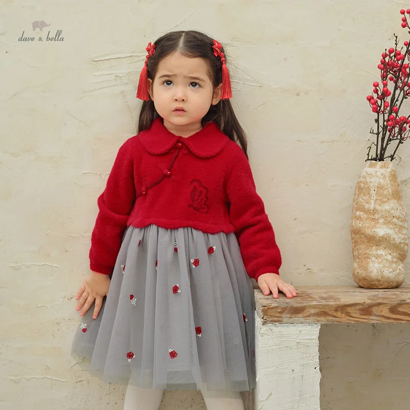 

Dave Bella Girls Sweater Dress Autumn Winter Children Velvet Mesh Skirt Long Sleeve Outerwear Gentle Casual Kids Dress DB4243353