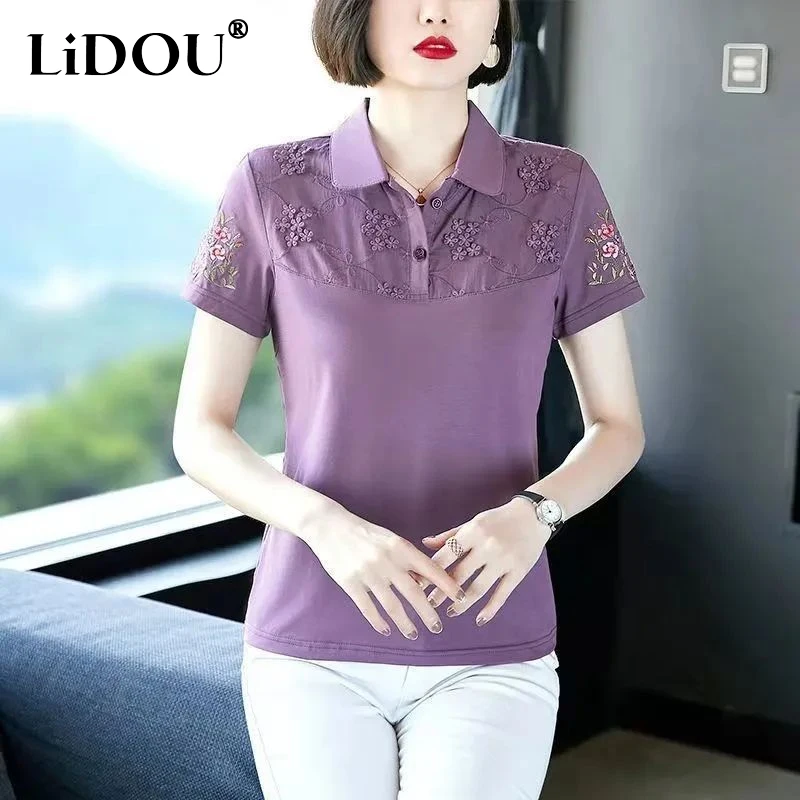 Summer New Turn-down Collar Short Sleeve Button Polo Shirts Women Solid Color Embroidered Pullovers Pure Cotton All-match Tops