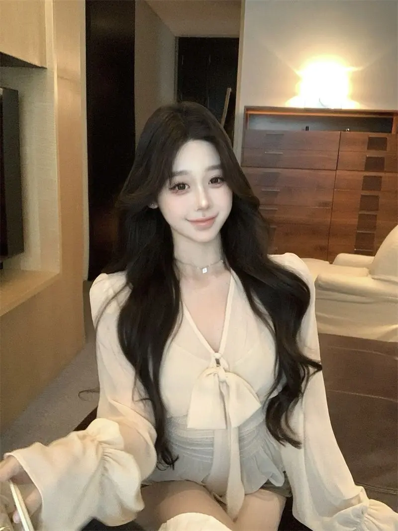 여성용 랜턴 슬리브 브이넥 레이스업 쉬폰 셔츠 봄 프렌치 웨이스트 탑 투피스 긴팔 셔츠