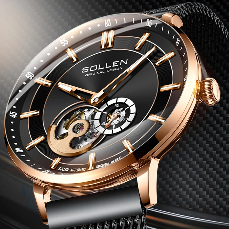 

SOLLEN Brand Luxury MIYOTA Movement Mechanical Watch Men High-end Mesh Strap Waterproof Fashion Skeleton Automatic Watches Mens