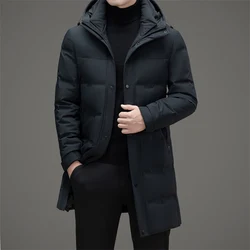 Classic Winter Men's Warm Mid-Length White Duck Down Jackets Outwear Windproof Long Hooded Puffer Coat Casual Loose Thick Parkas