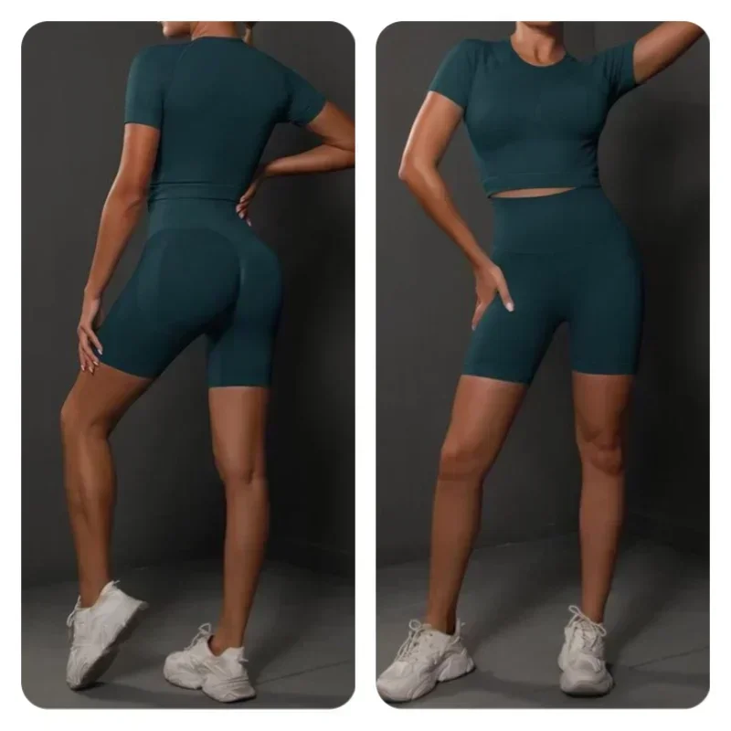 Novo sem costura pêssego hip cor sólida alta estiramento yoga shorts de manga curta conjunto para corrida, esportes e fitness conjunto de duas peças