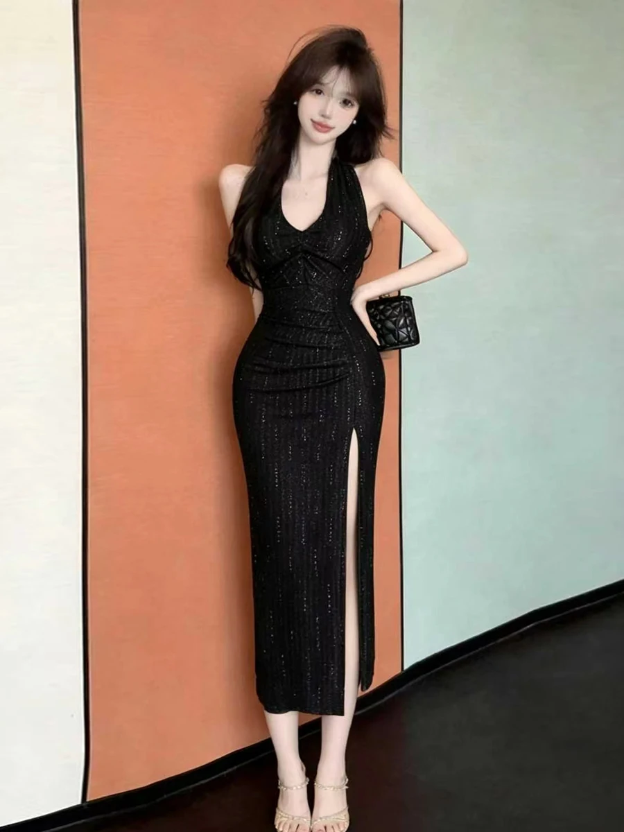 Elegant Sexy Long Dress Vintage Design Open Split Women's Flavor Hanging Neck Backless Midi Dress Casual Mid-Length Skirt