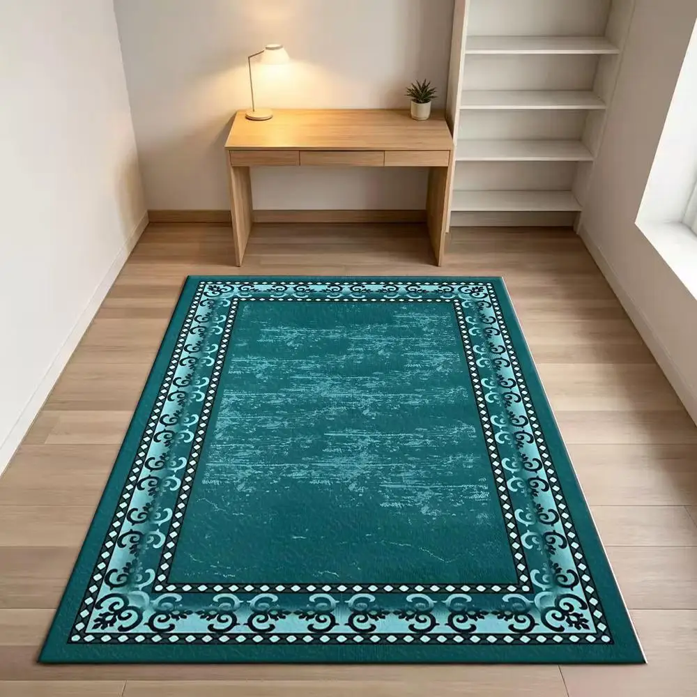 Teal Green Distressed Border Square Area Rug, Vintage Ornate Non-Slip Floor Carpet for Living Room Bedroom Home Decoration