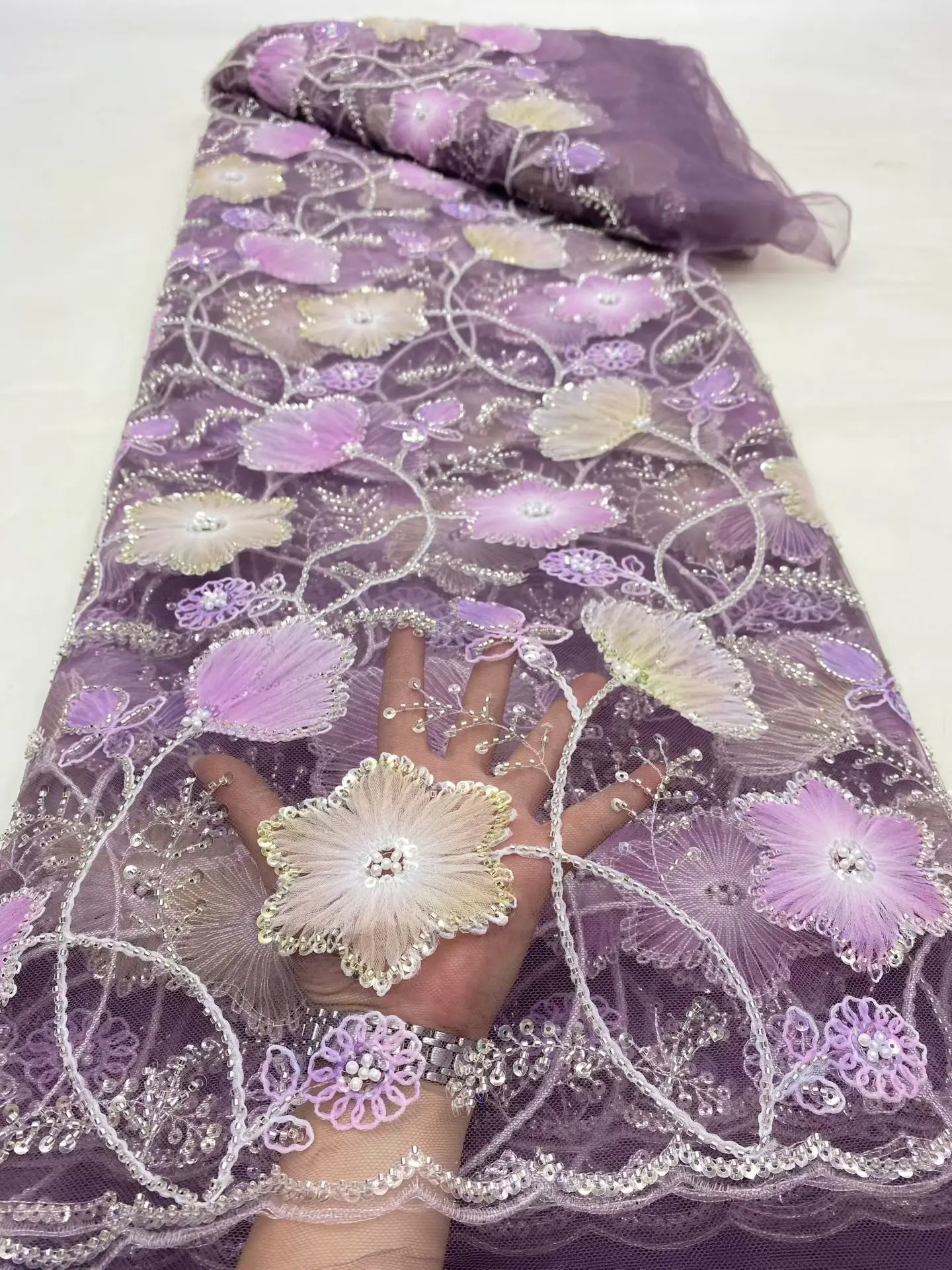 قماش دانتيل تول مطرز بالترتر النيجيري الأفريقي ، أبيض ، خياطة الخرز حجر فساتين لحضور الحفلات الموسيقية ، جودة عالية ، 5 ياردات ، 2025 DP0462