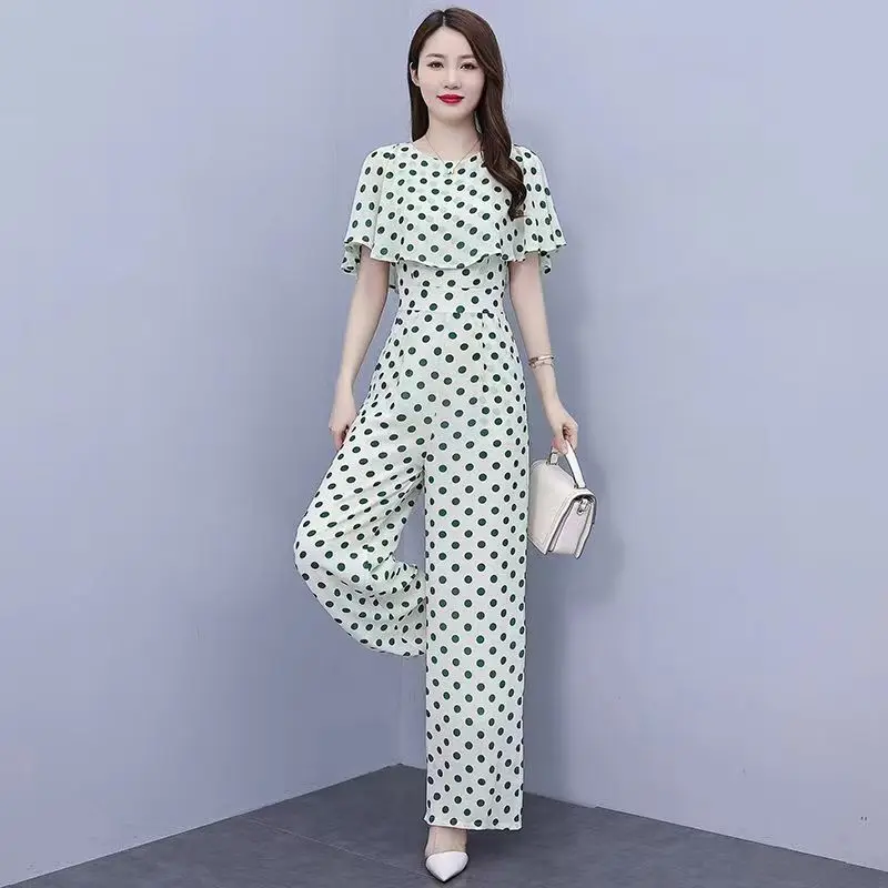 

Advanced And Fashionable Polka Dot Chiffon Wide Leg Jumpsuit Set For Women's Summer 2023 New Temperament Goddess Style Jumpsuit