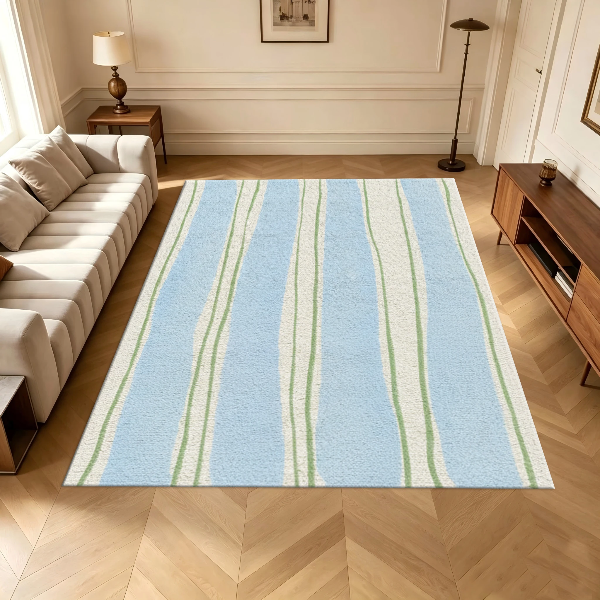 Light Blue Green Striped Carpet Flooring Minimalist Soft Area Rug Non‑Slip Floor Mat for Bedroom Kids Room Home Decoration