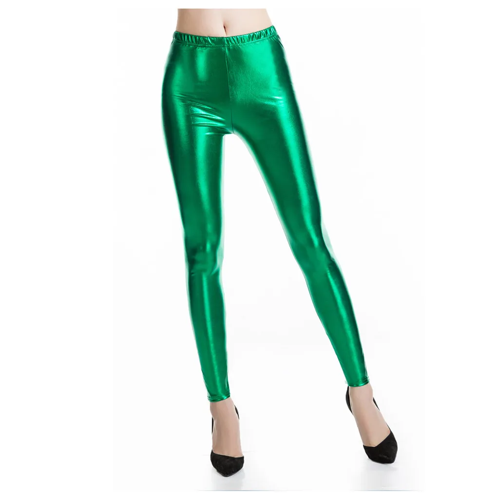 Women solid Metallic green gold silver Leggings party Rave Booty skinny Pants Shiny Fitness pencil Legging