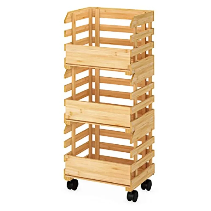 

Bamboo Fruit Basket Stand Potato and Storage Cart 3-Tier Fruit Basket with wheels Vegetable Storage for Kitchen F