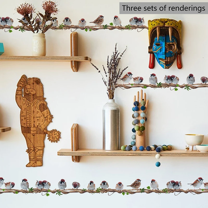 Cartoon Rattan Bird Wall Sticker Removable Nursery Wall Decals A Row of Birds Stand On Vine Living Room Home Decoration