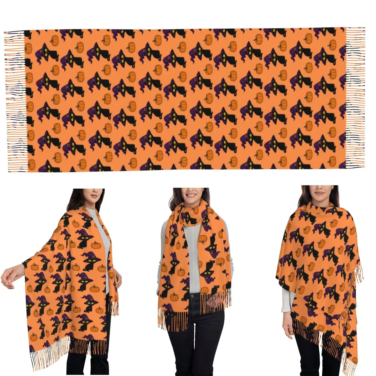 Witch Black Cat Pumpkin Halloween Pattern Scarf Tassel Scarves Women Soft Warm Shawls and Wraps Long Fall Winter Shawl Wrap