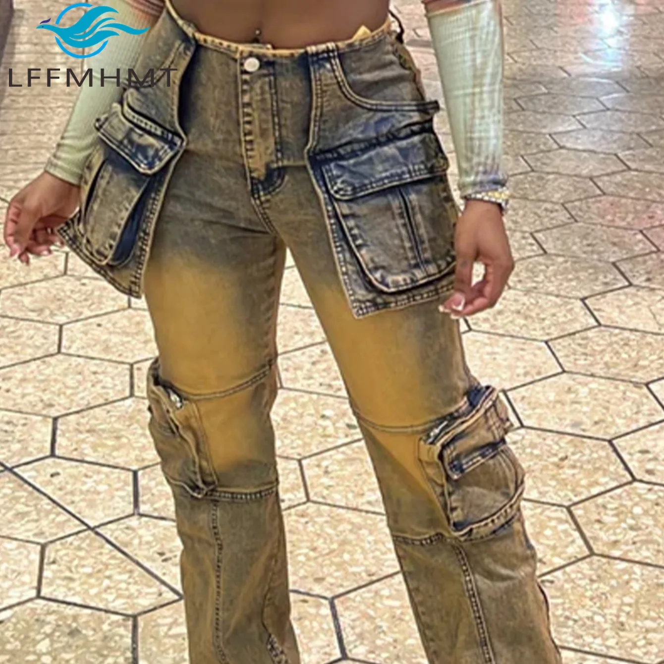 

Womens European American Vintage Street Style Patchwork Multi Pocket Straight Cut Denim Jeans Female All Season Fashion Clothing