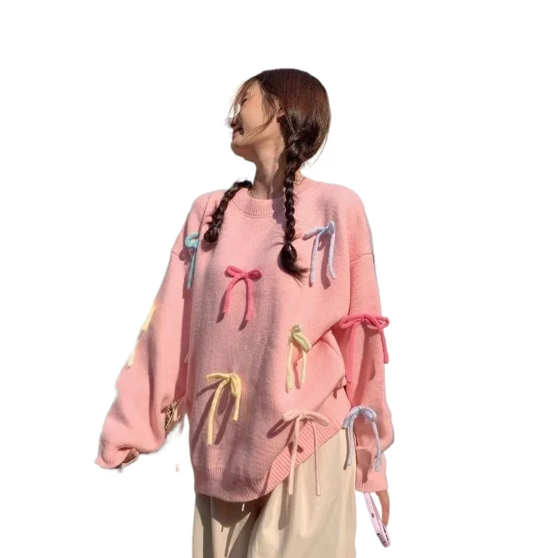 Pull rose avec nœud au dos, nouveau Style, automne et hiver, tricoté au dos, style coréen, à la mode et doux, haut de Style français