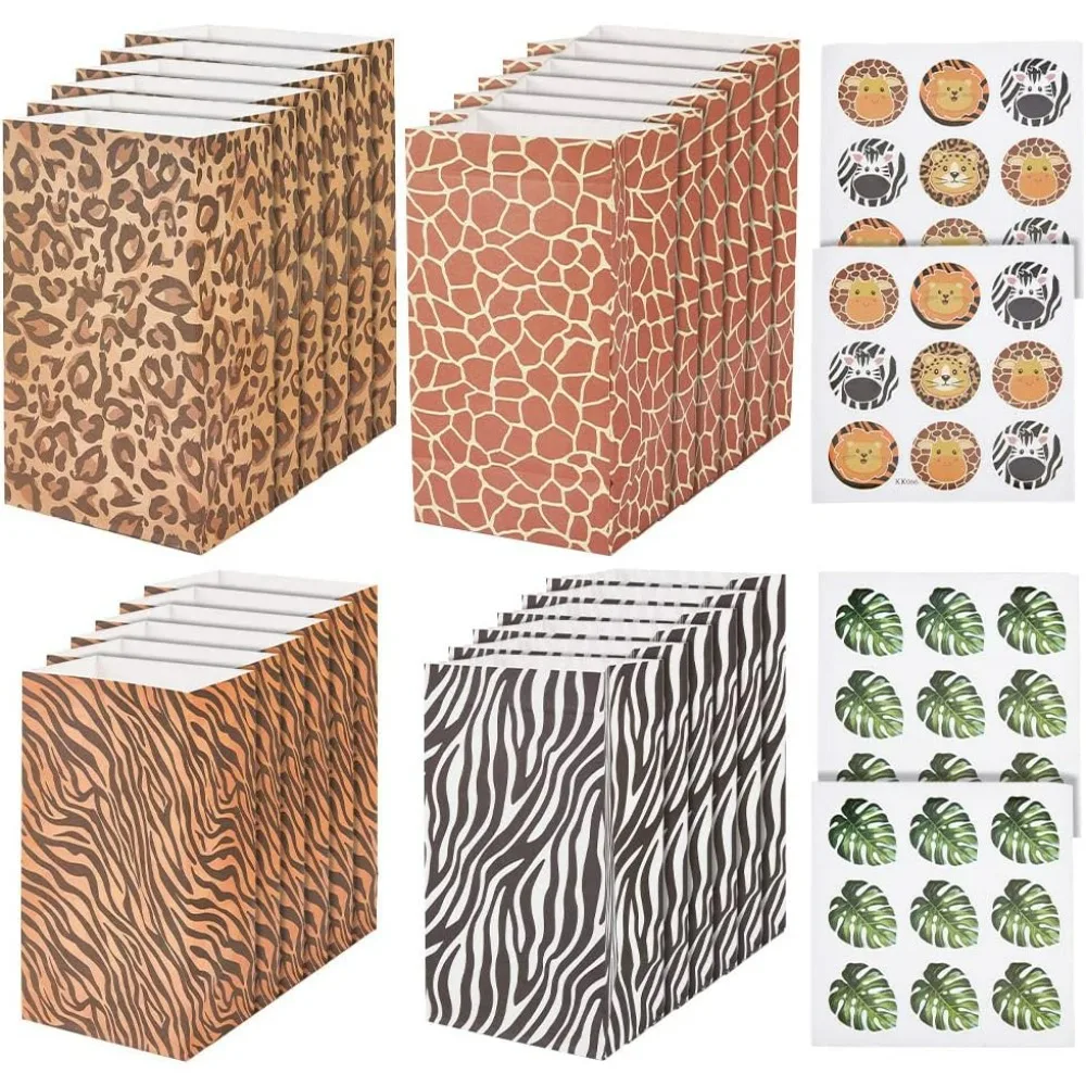 

24 шт. бумажные пакеты с принтом кожи животных с 36 шт. наклейками, сафари в джунглях, сумки для угощений с животным принтом, зебра, жираф, леопардовая кожа льва
