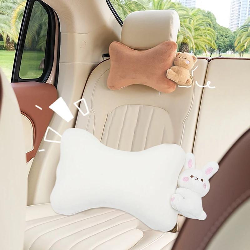 Car Headrest Pillow 1PCS Plush Bear ＆ Bunny Car Seat Headrest Pillow - Memory Foam Neck Support Cushions For Comfortable Driving