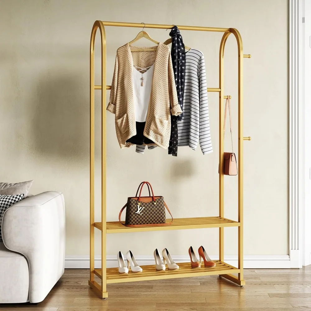 

Gold clothing rack,Heavy duty clothes rack with shelves,Metal garment rack for hanging clothes,Wardrobe rack for Boutique, Retai