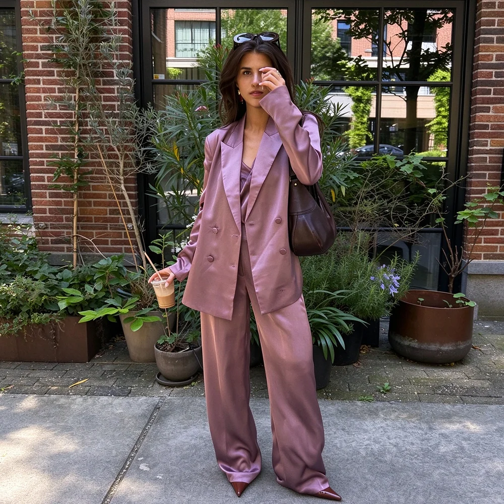 Luxury Satin Women's Suits 2 Piece Set Jacket Wide Leg Pants Double Breasted Peak Lapel Formal Casual Prom Party Female Clothing