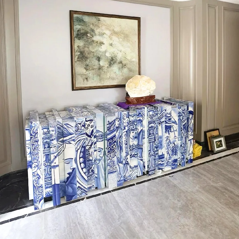 

Solid wood hand-painted dining side cabinet designer foyer entry blue and white porcelain storage entrance cabinet