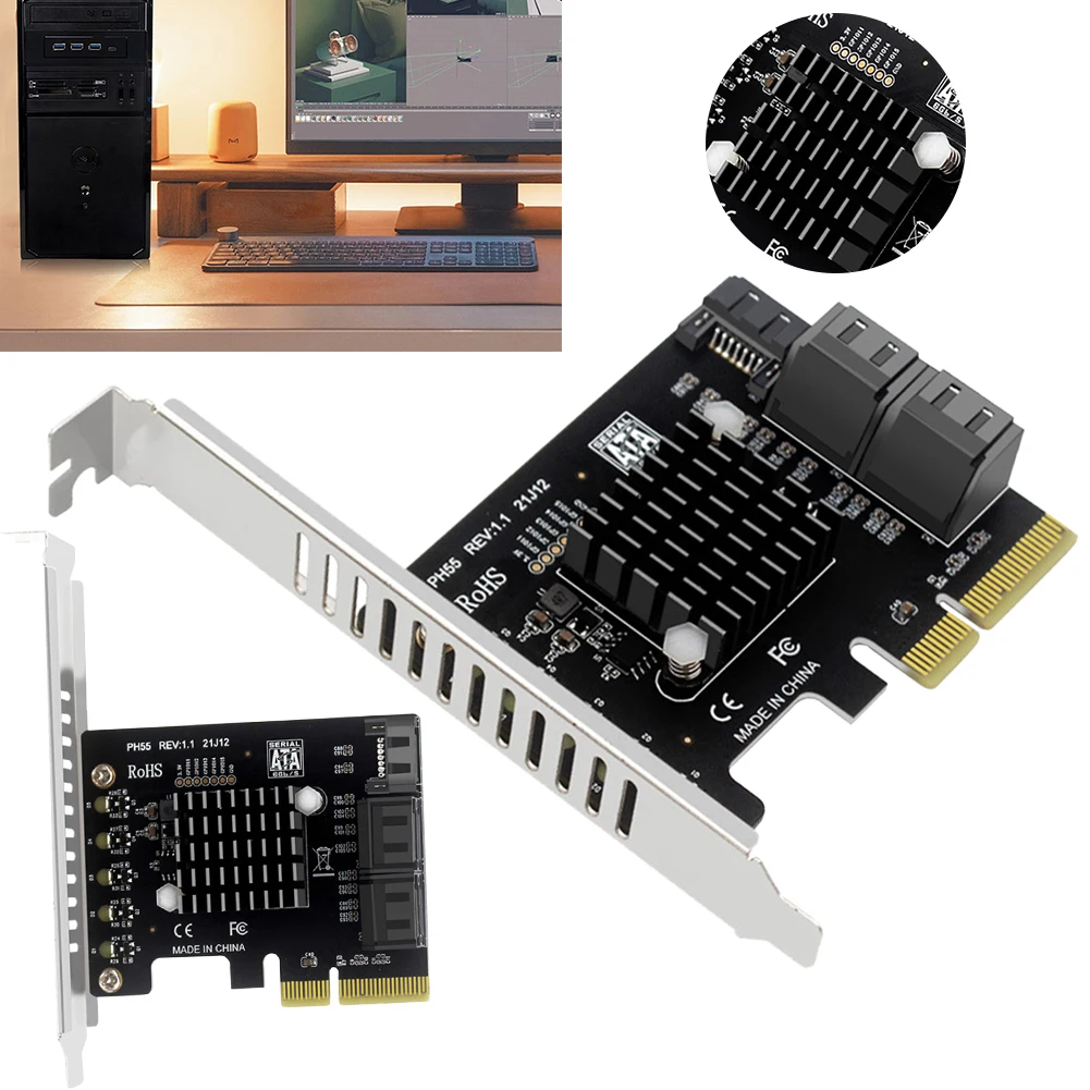 PCI-E To SATA Expansion Card Jmb585 Chip PCI-E SATA 3.0 Controller Card Supports Cascaded Trim for Windows/Linux/Mac OS