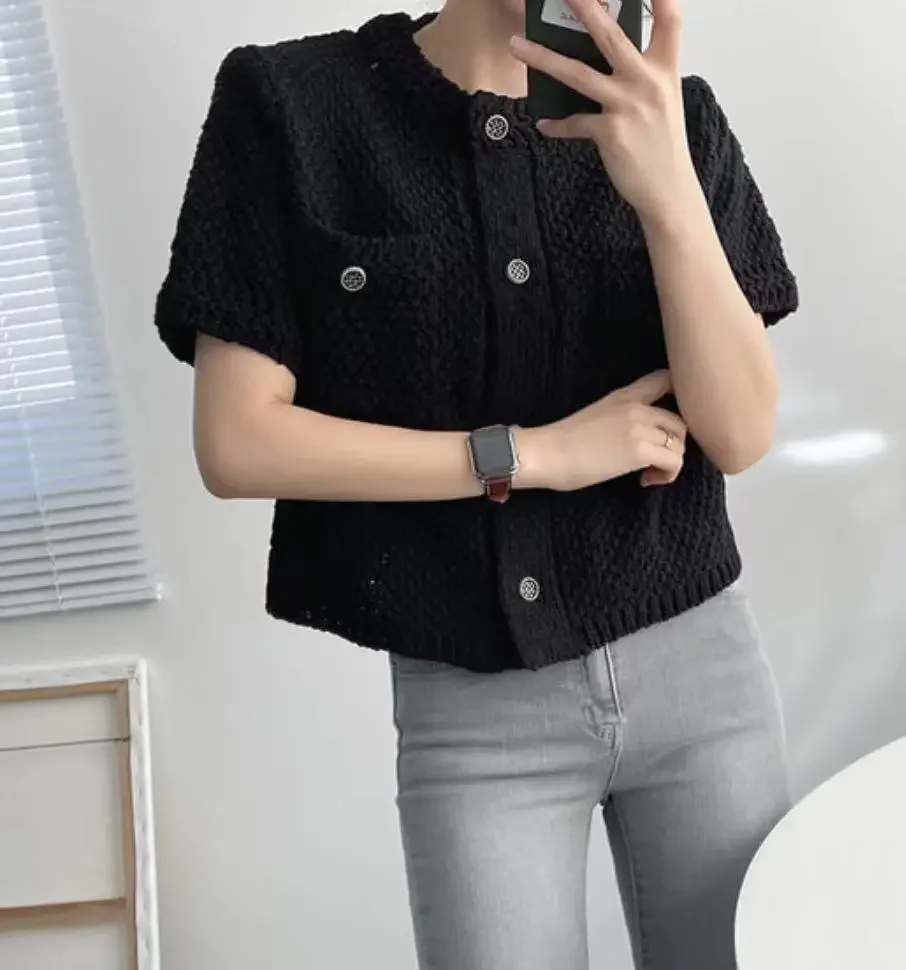 Neploe Korean Cardigan Women Clothing Short Sleeve Single Breasted Sweater O Neck Knit Black Tops 2023 Fashion White Coat Femme