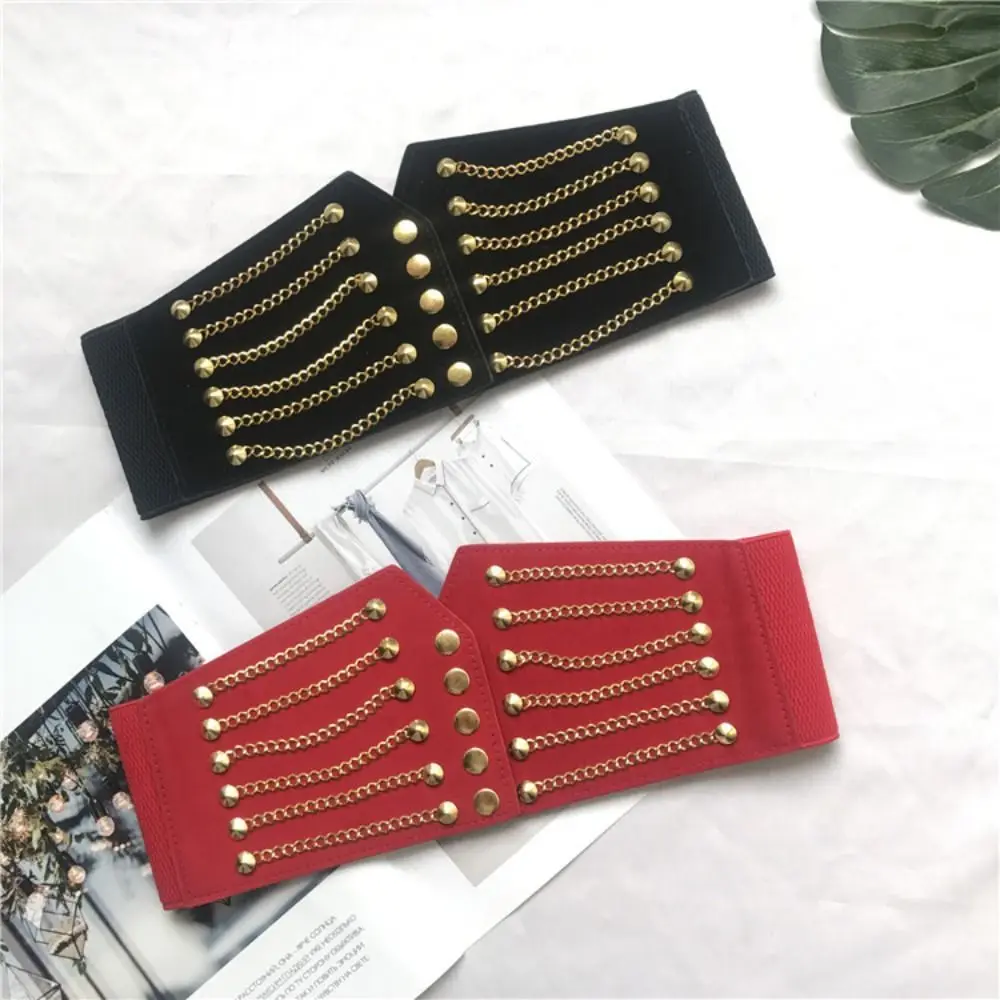 Wide Lace Chain Rivet Corset Belt Stretchy Elastic Y2k Elastic Waistband Punk Style High Waist Women's Cummerbunds Top Decorated