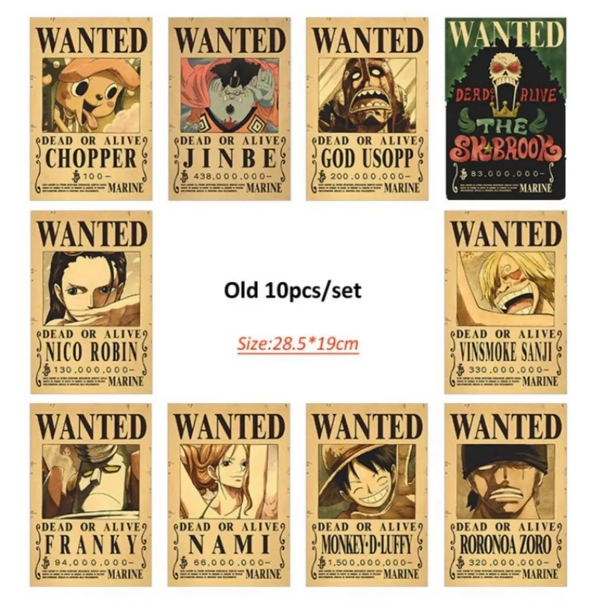 28,5 x 19 cm Anime One Piece Luffy Wanted Vintage Poster-Set, Wanddekoration für Zimmer, Cartoon Zoro Wanted Malerei-Aufkleber, Spielzeug-Geschenk – Detail 1