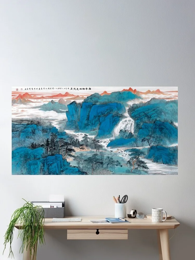 Pavilion and Stream landscape painting, Print Art Canvas Poster, For Living Room Decor