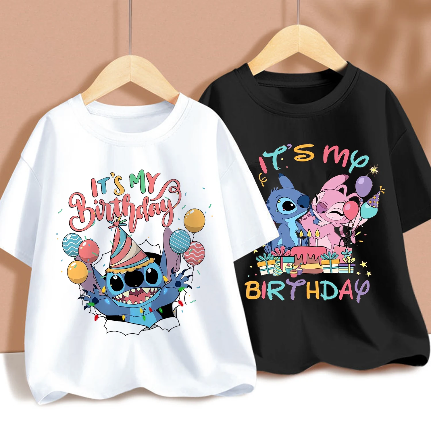 Steek Disney Kinderen Verjaardag T-Shirts Kawaii Disney Cartoon Print Kids Tops Jongen Meisje Korte Mouwen 2024 Baby Zomerkleding