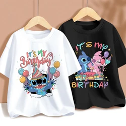 Stitch Disney Children Birthday T-shirts Kawaii Disney Cartoon Printed Kids Tops Boy Girl Short Sleeves 2024 Baby Summer Clothes