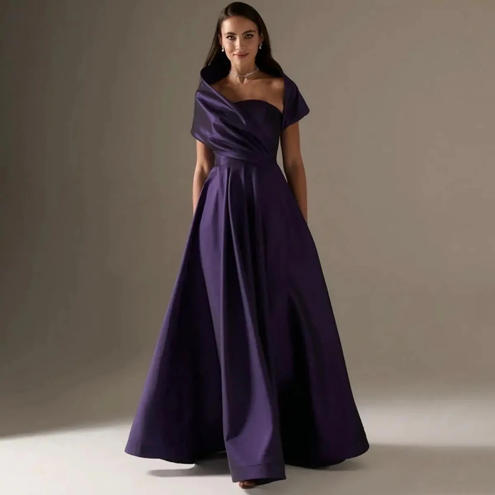 

Customized Jiayigong Purple Simple Satin Pageant Dresses Off the Shoulder Draped With Ruched Pleats A-line Floor Length Evening