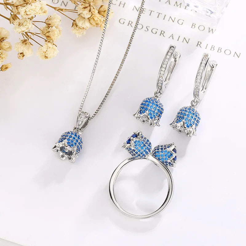 

Blue Zircon Rose Camellia Flower Jewelry Adjustable Ring Pendant Necklace Drop Earrings with Sparkling CZ for Women Accessories