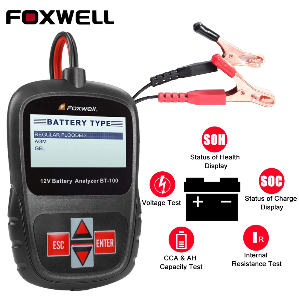 FOXWELL BT100 Pro Car Battery Tester 12V for Lead Acid Flooded AGM GEL 12V Digital Battery Analyzer 100-1100CCA Diagnostic Tools