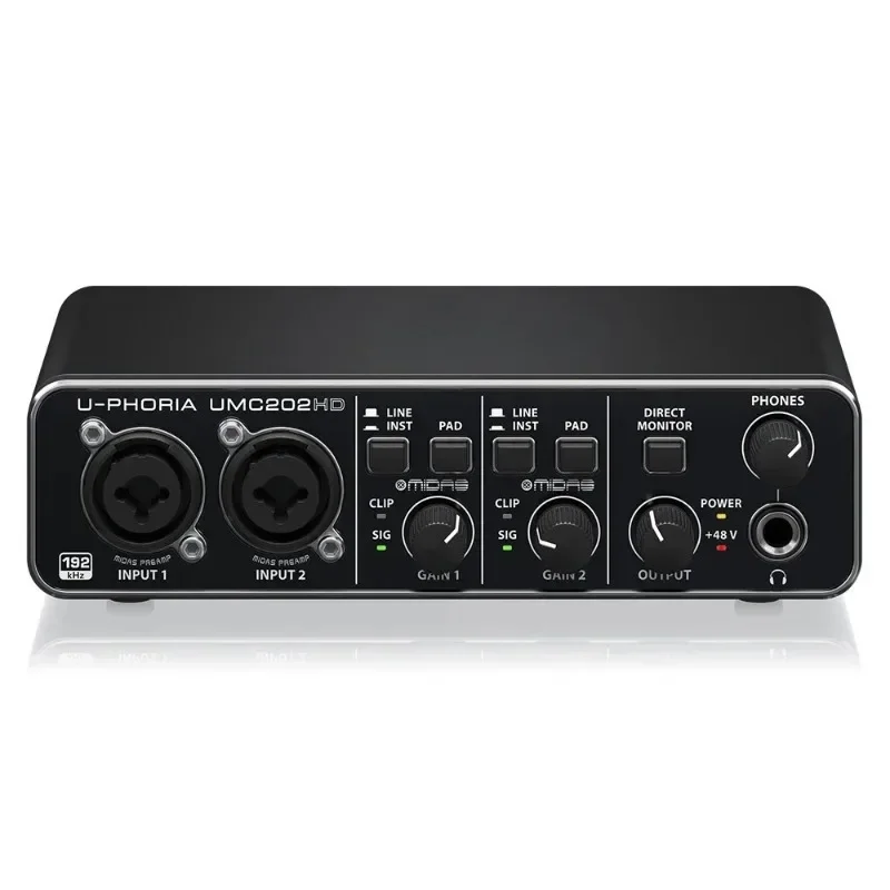 U-Phoria UMC202HD sound card USB audio interface with 2 Midas preamplifiers and 48v Phantom Power Studio audio equipment