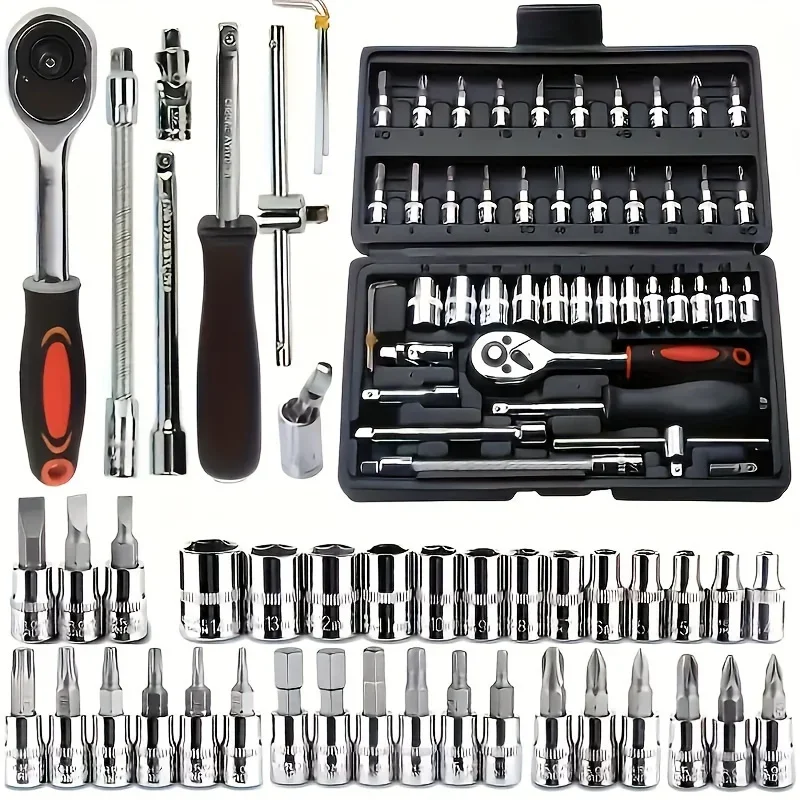 

46pcs 1/4 Inch Drive Socket Set for Motor Ratchet Wrench Set Motorcycle Tool Kit, Bit Socket Wrench Set Metric Mechanic Tool Set