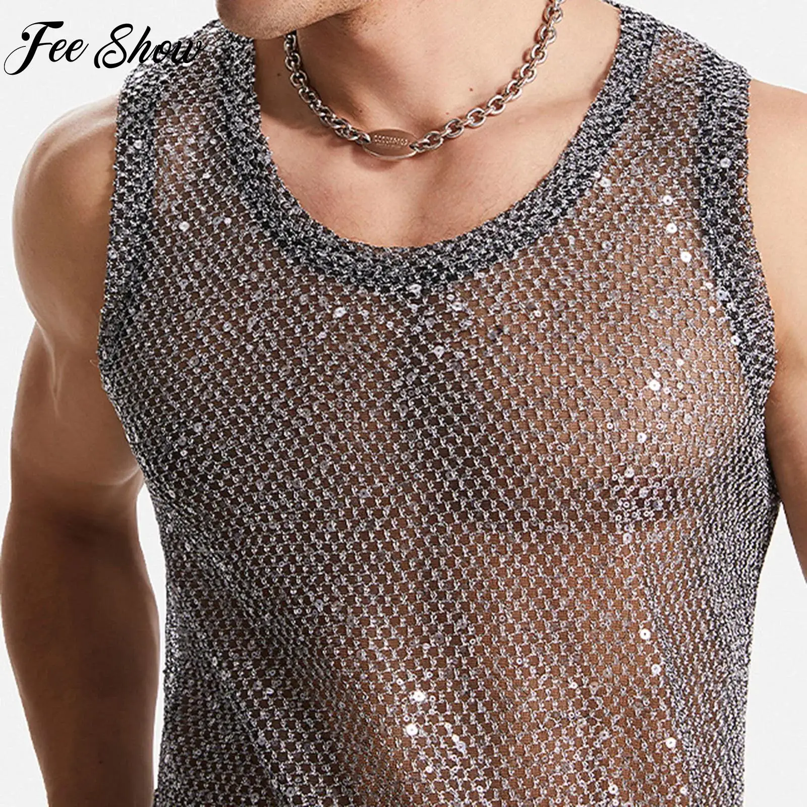 Mens Nightclub Sexy Tank Tops Shiny Sequin Sheer Mesh Vest Sleeveless See-through Tank Top for Music Festival Sexy Performance