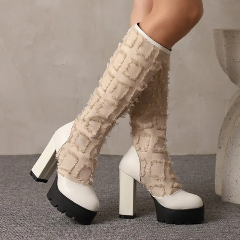 

Большие размеры, сетчатая вышитая ткань с кисточками, сращивание из искусственной кожи на молнии, новые сапоги до колена на платформе, дышащие сапоги до колена на очень толстом каблуке