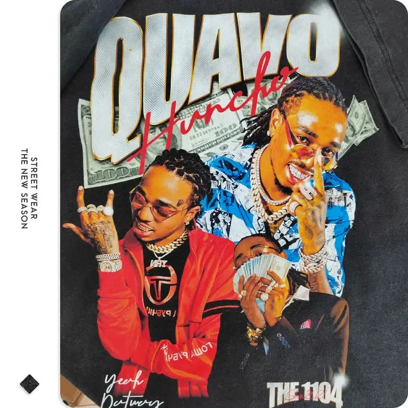 Summer Quavo T Shirt Hip Hop Rapper Huncho Rock Vintage Washed Top Tees Oversized T-shirt Harajuku Short Sleeve Men 100% Cotton