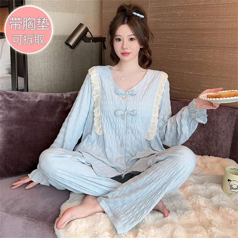 3XL 4XL 5XL Large Size Elegant Women\'s Pajamas Set Long Sleeve Trousers Sets Spring Autumn Chest Padded Sleepwear Pyjama Femme