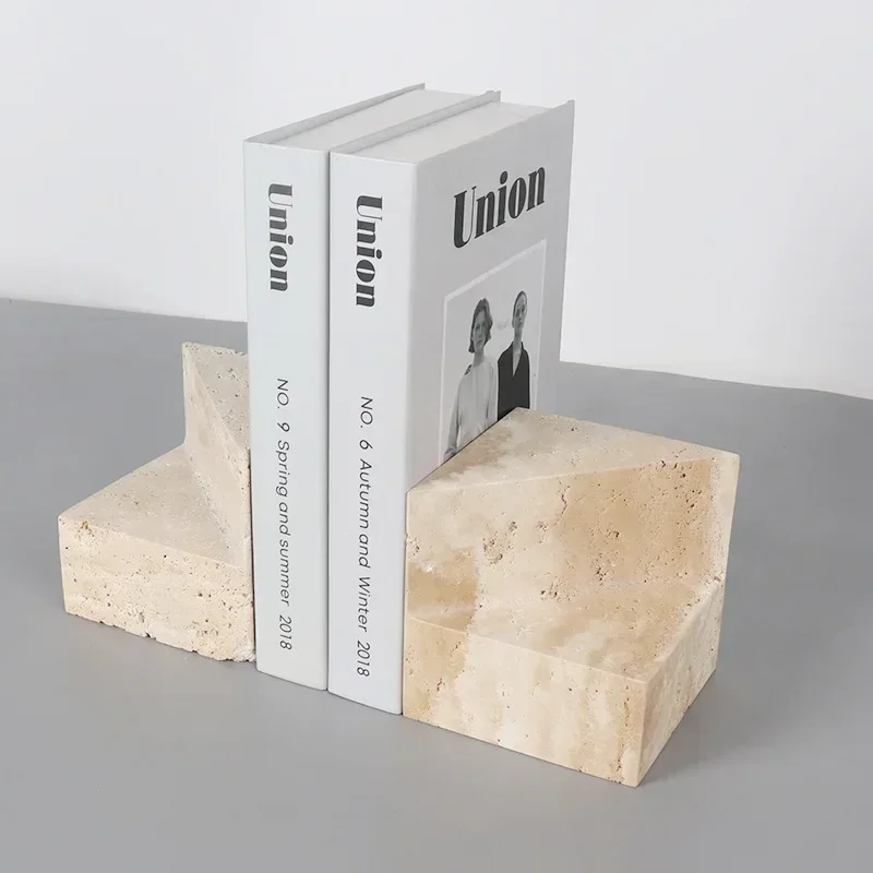 Natural Yellow Beige Travertine Marble Stone Bookends Book File Home Desktop Ornaments