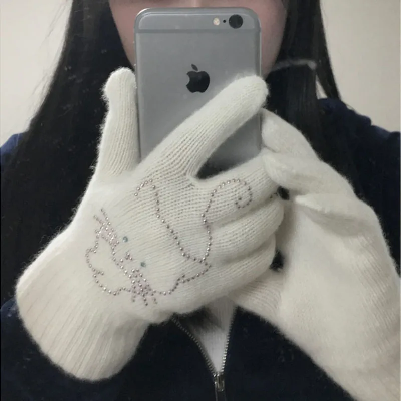 Cute Cat Rhinestone Knitted Split Finger Gloves Plush Rabbit Fur Winter Warm Mittens Kawaii Lolita Gloves JK Accessories