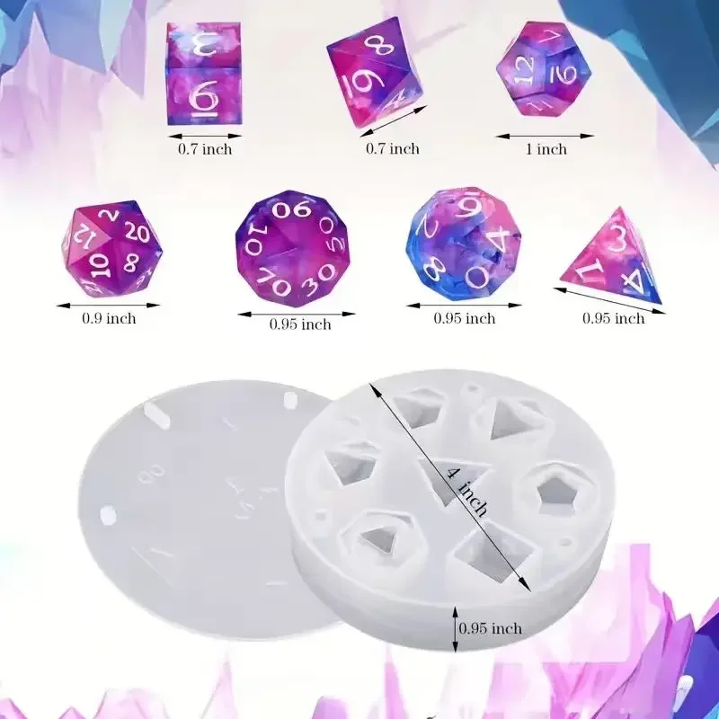 7-Piece Polyhedral DND Dice Set Silicone Mold | Upgraded with New Font & Includes Pendant Crystal D4 Mold
