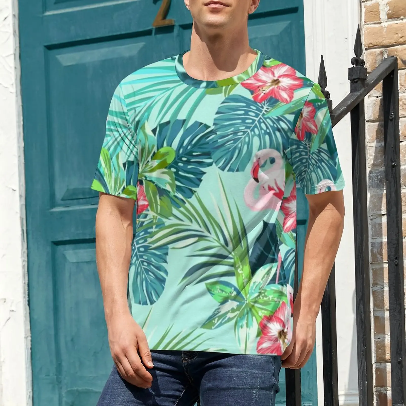 Oversized T-Shirt Original Flamingo Flower Print T-Shirts Bright Green Leaf Y2K Casual O Neck Tshirt Men Hip Hop Custom Clothes