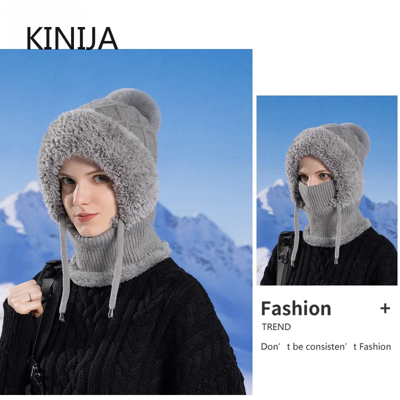 Women Winter Velvet Knitted Woolen Balaclava Hat Ear Protection fluffy Hat Mask Neck Integrated Warmth Cover Hat lady hooded cap