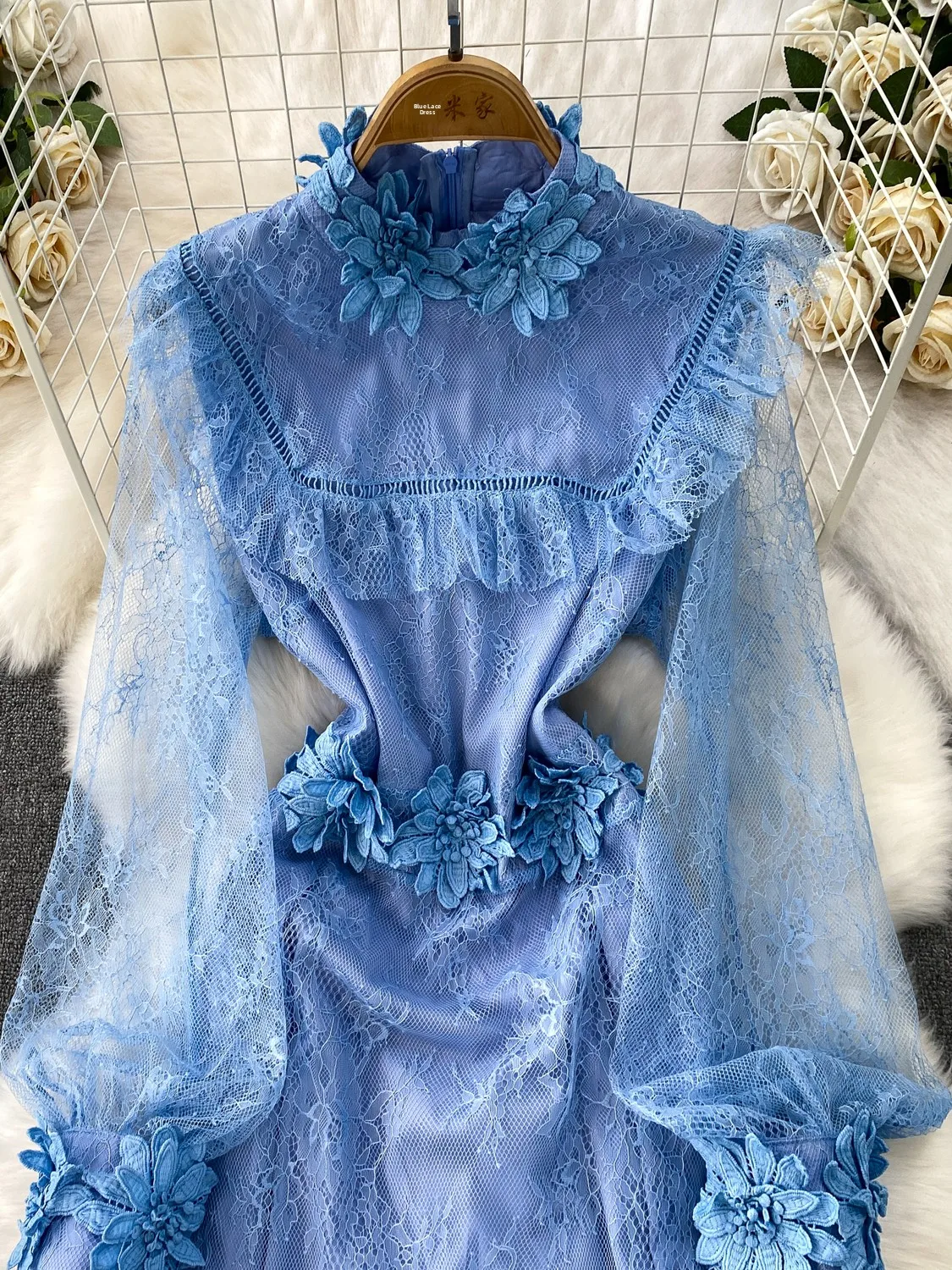 Retro Court Sle Beautiful Fairy Aosphere 3D Flower round Ne Long Dr Women's High-End Lace Dr Ele Princ Gown