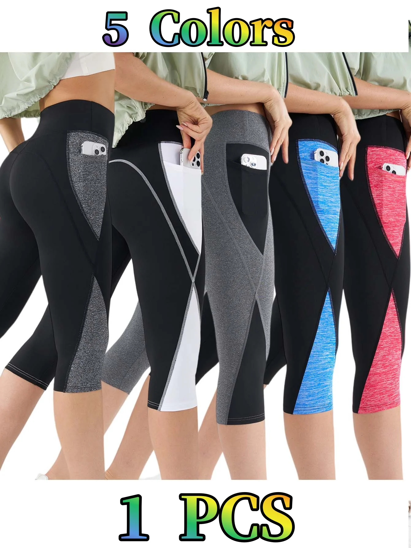 Damen High-Waist Capri Yoga Leggings mit Handytaschen, Farbblock-Patchwork, dehnbar, atmungsaktiv, Workout-Gym-Cropped-Hose