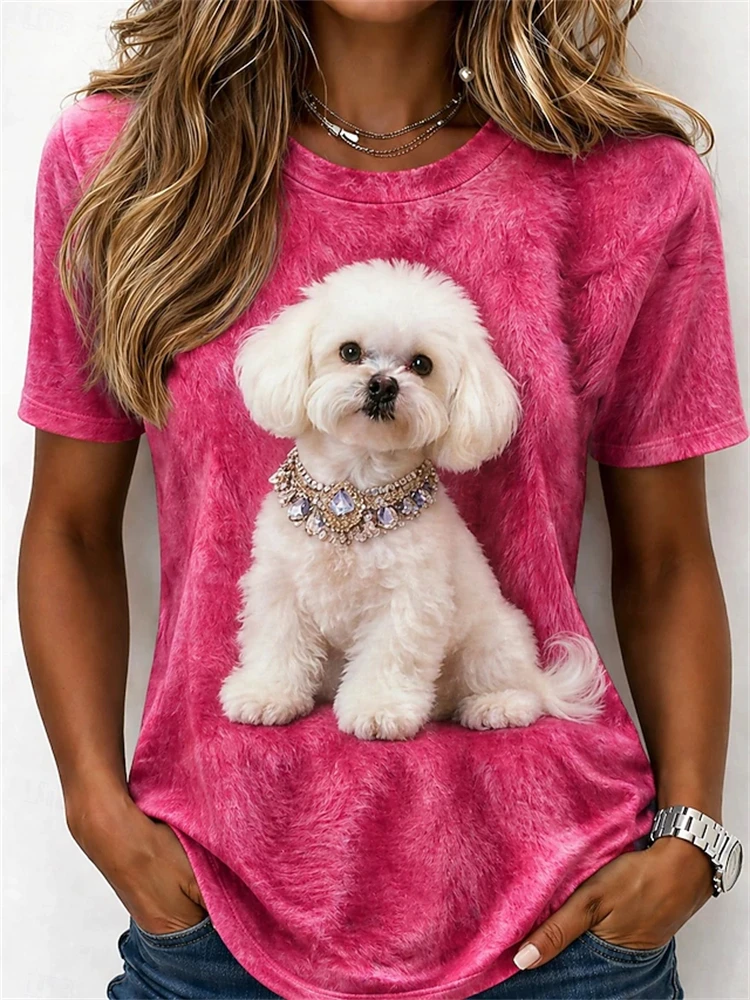 Women's Summer Crew-Neck Short-Sleeve T-Shirt Elegant Puppy Print Fashion Top Casual Streetwear-Style Women's Short-Sleeve Shirt