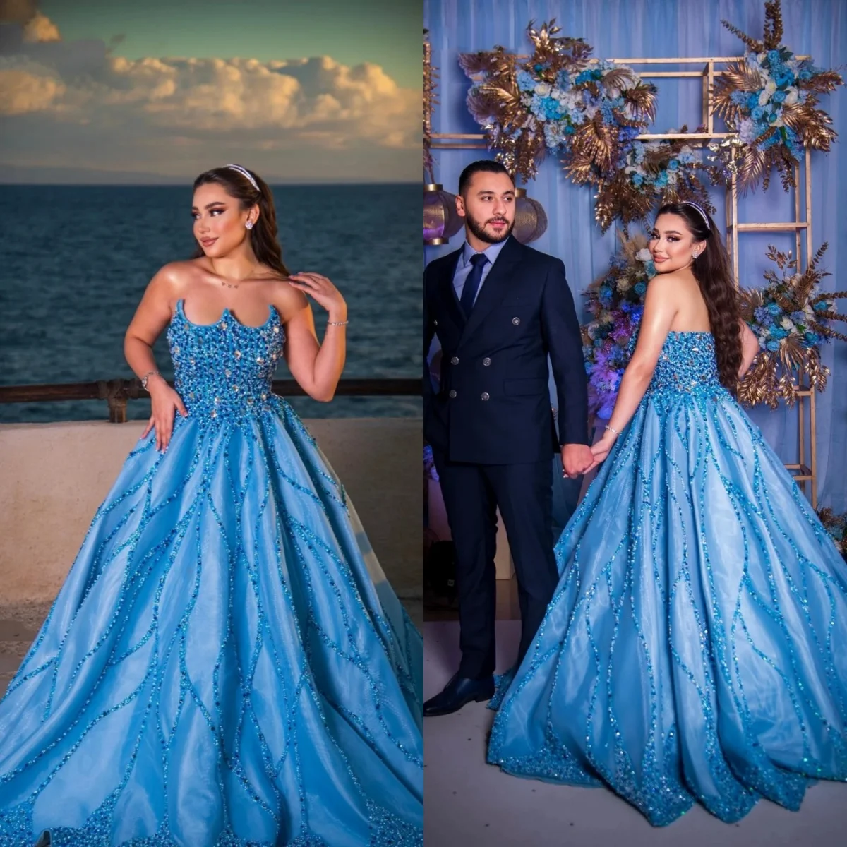 

Princess A Line Evening Dress Strapless Crystal Beaded Prom Gowns Sleeveless Floor Length Celebrity Party Dresses Customized