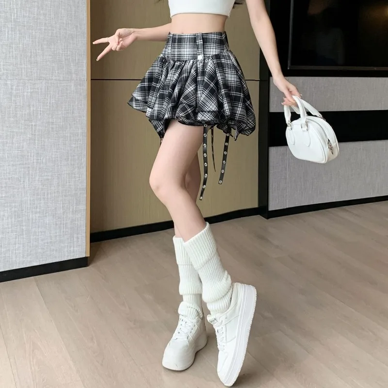 Falda a cuadros Falda acampanada de cintura alta de primavera para mujer Falda plisada corta a cuadros