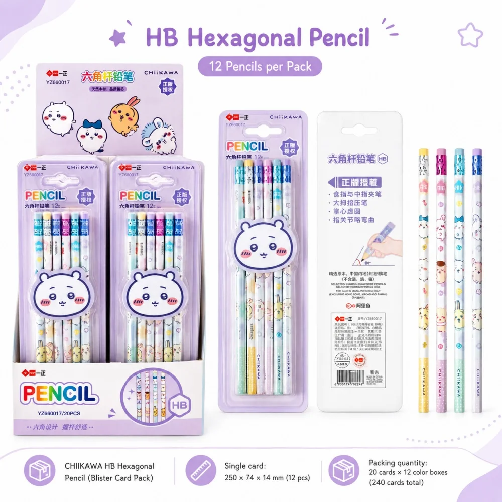 Genuine Chiikawa HB Wooden Pencil Set 12PCS Usagi Hachiware Momonga Hexagon Grip Writing Pencils for Notes Sketch Office Gifts