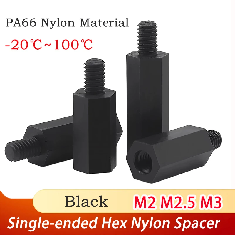 5~100pc M2 M2.5 M3 Black Single-ended Hex Nylon Spacer PA66 Nylon Plastic Insulation Support Column PC Board Spacing Screw Colum